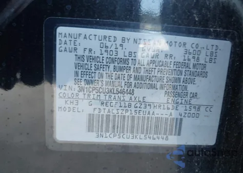 2019 Nissan Kicks Sv z USA, uszkodzony, nr VIN 3N1CP5CU3KL546448